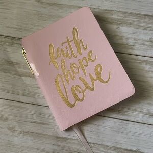Small notebook pink color, verses on each page, pages lined, pen included